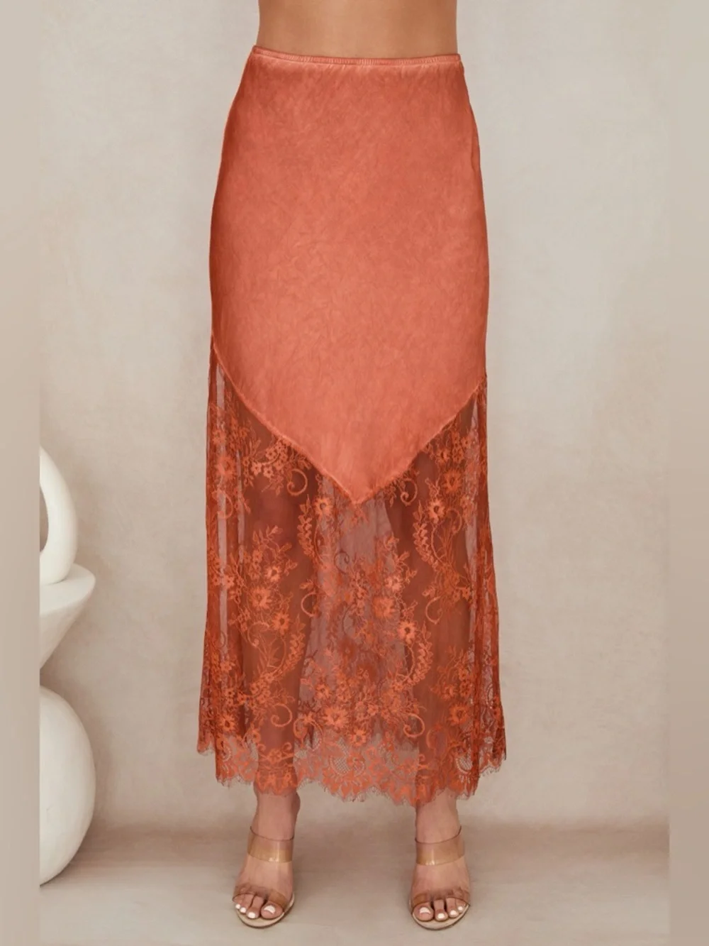 (6324-WINE) VISCOSE MAXI SKIRT WITH LACE HEM - Picture 3 of 6